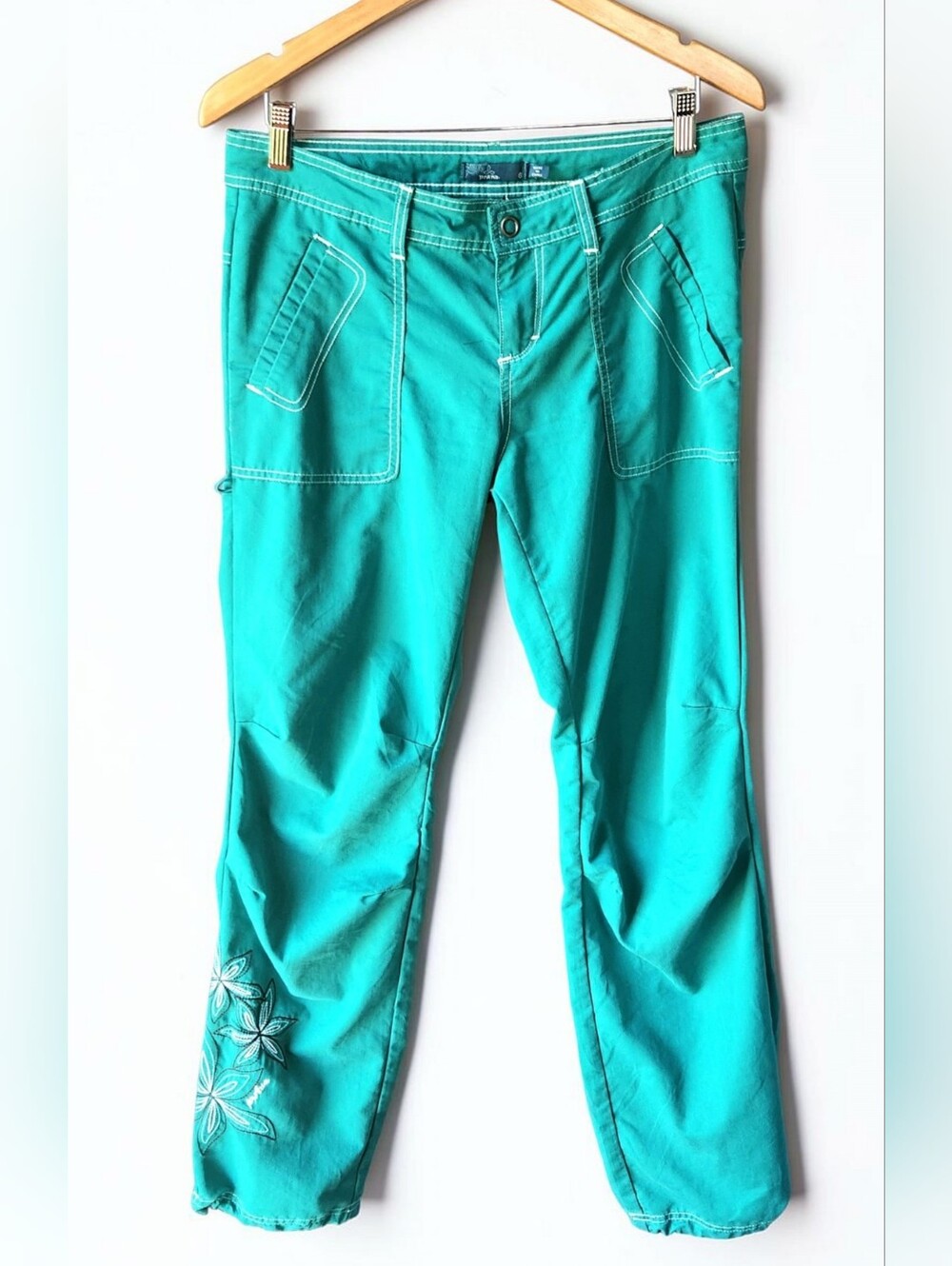 Prana Breathe Teal Embroidered Utility Pant Womens 6 Cinch Cuff Articulated